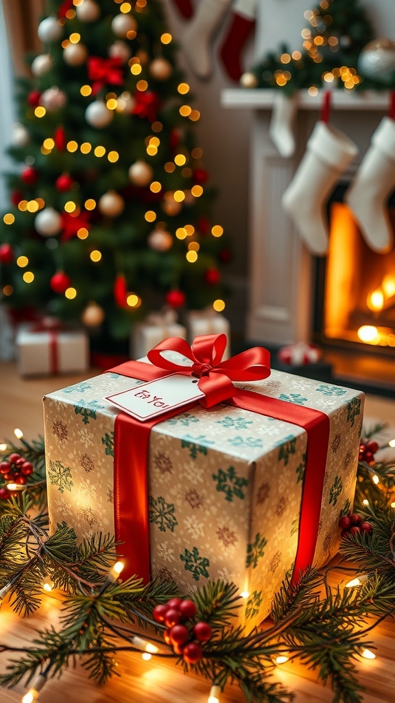 A wrapped Christmas gift box with a red ribbon in a festive living room with a Christmas tree.